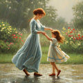 Mother & Daughter Dancing in Rain Art Print: Whimsical Garden Scene (Digital Download)