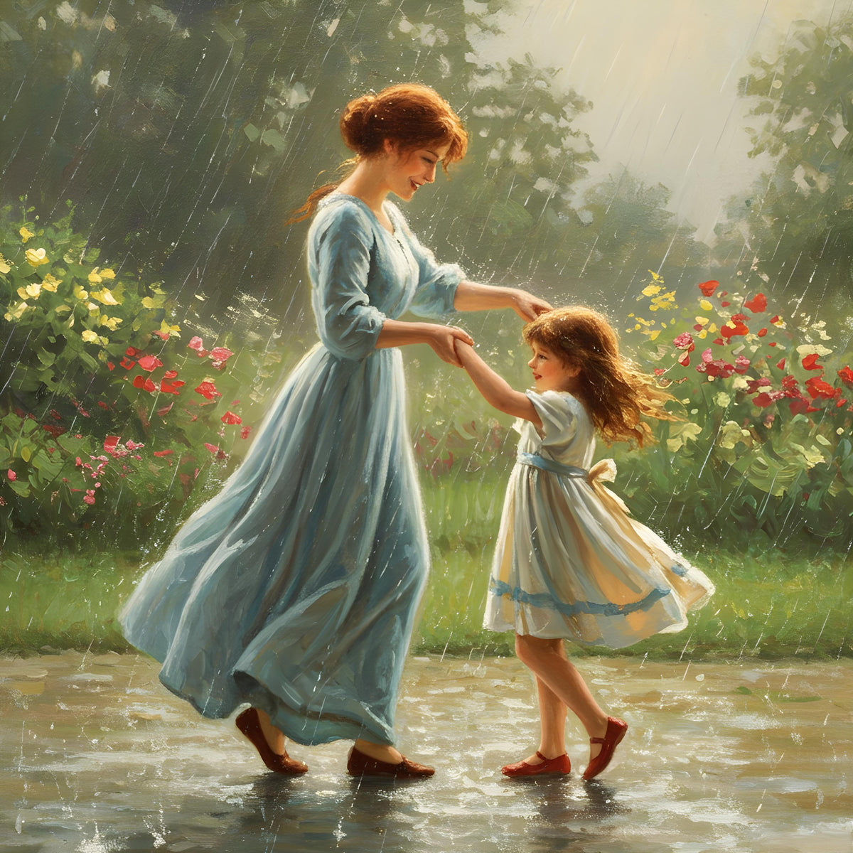 Mother & Daughter Dancing in Rain Art Print: Whimsical Garden Scene (Digital Download)