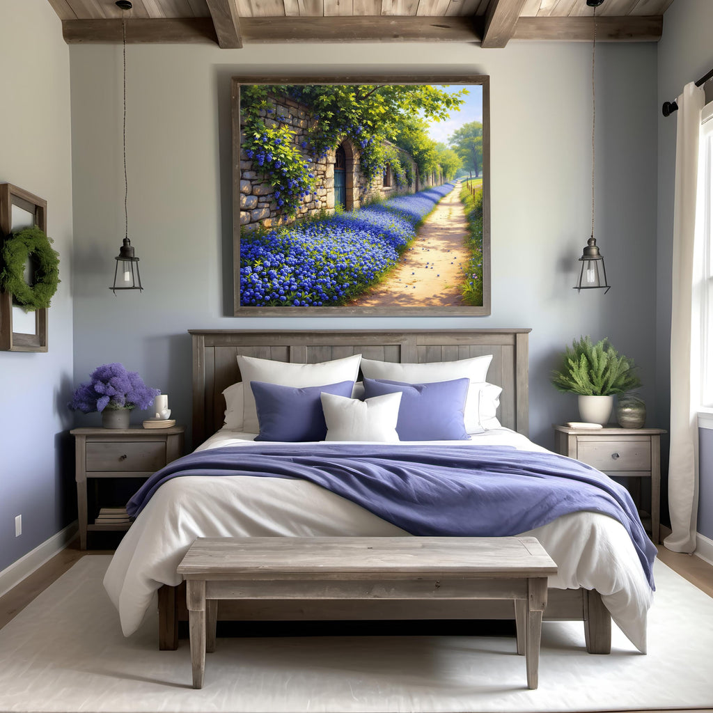 Stone Wall Garden Path Print: Vintage Blue Flower Landscape (Digital Download)