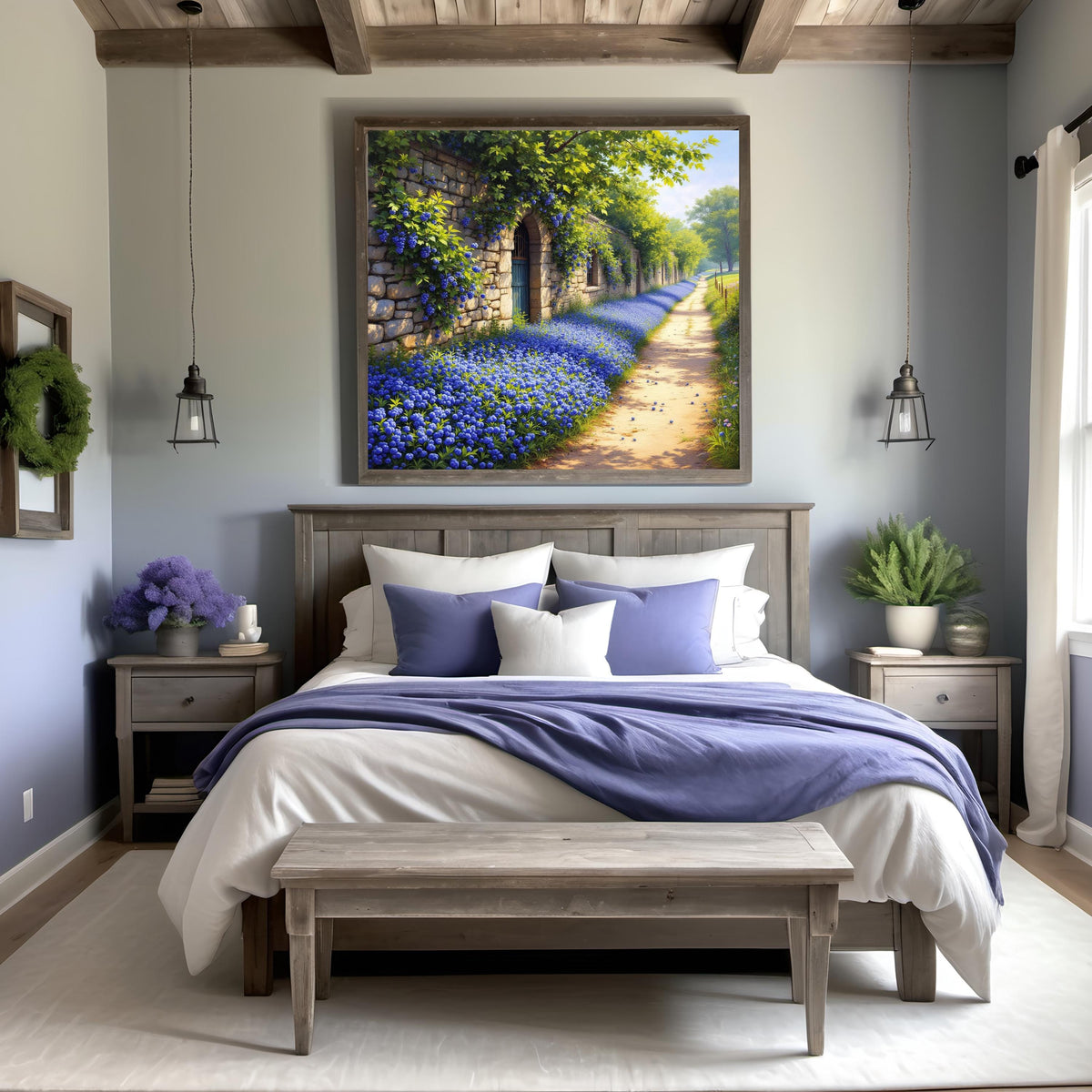 Stone Wall Garden Path Print: Vintage Blue Flower Landscape (Digital Download)