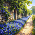 Stone Wall Garden Path Print: Vintage Blue Flower Landscape (Digital Download)