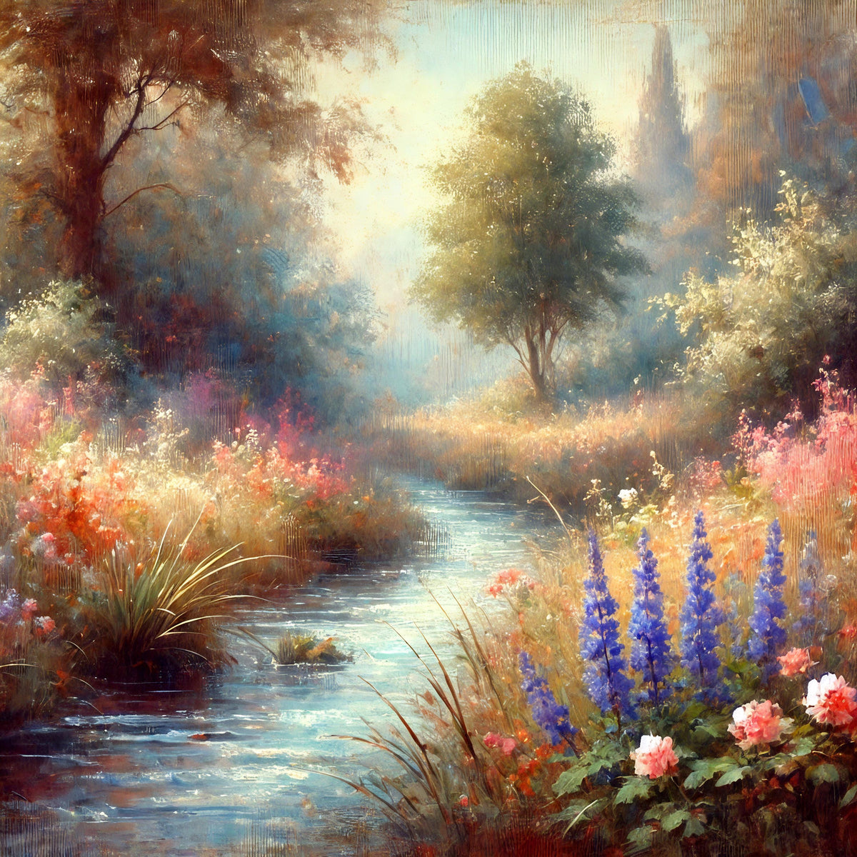 Wildflower Stream Landscape Print: Cottagecore Nature Wall Art (Digital Download)