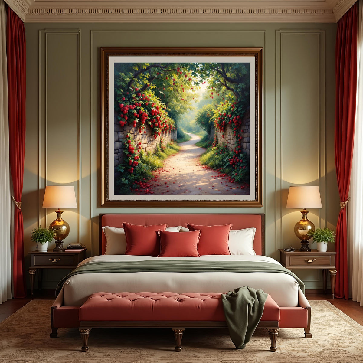 Red Flower Garden Path Print: Cottagecore Stone Wall Art (Digital Download)