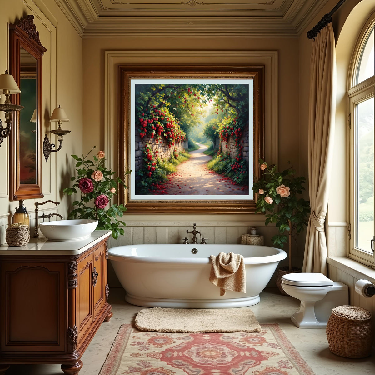 Red Flower Garden Path Print: Cottagecore Stone Wall Art (Digital Download)