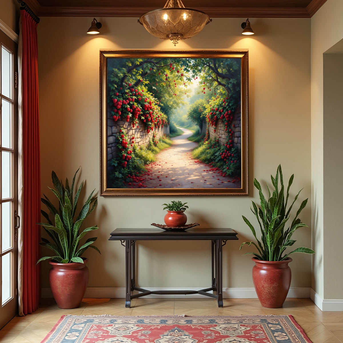 Red Flower Garden Path Print: Cottagecore Stone Wall Art (Digital Download)