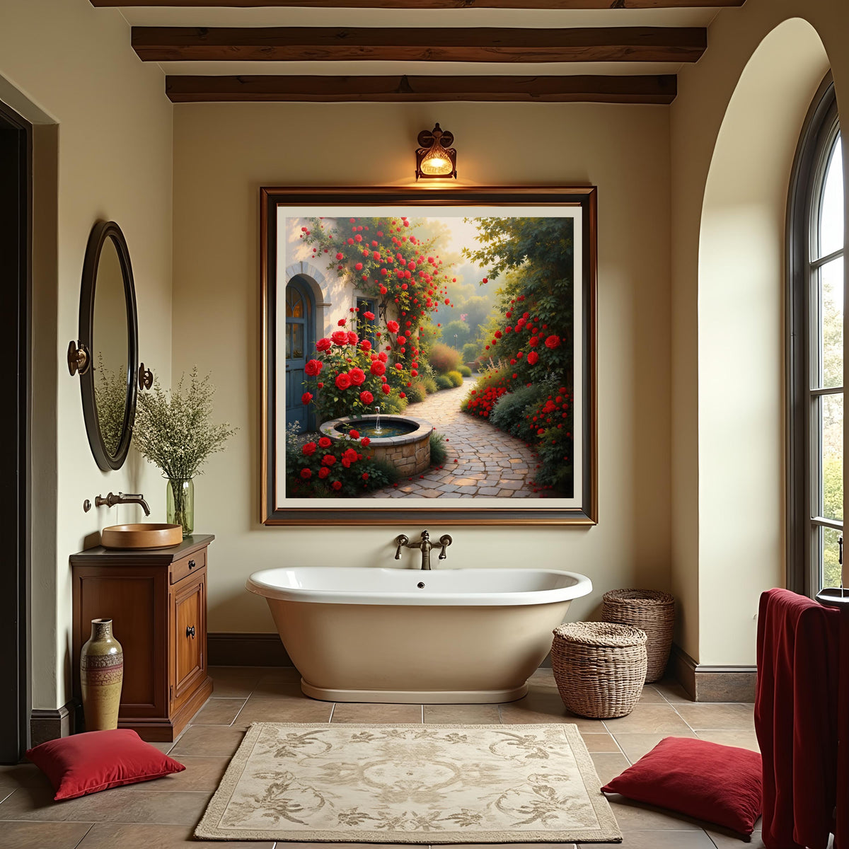 Rose Garden Courtyard Print: Vintage Cottagecore Wall Art (Digital Download)