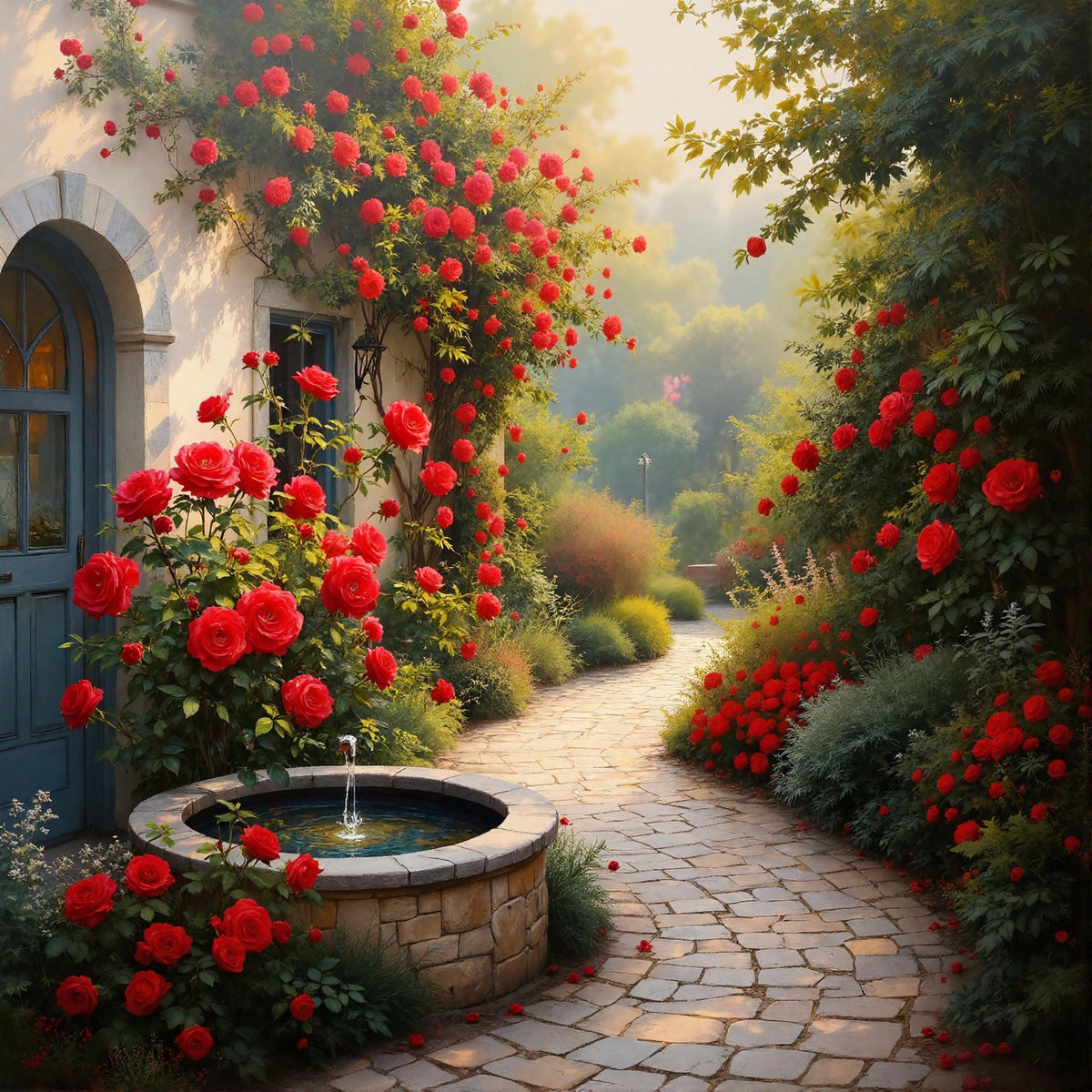 Rose Garden Courtyard Print: Vintage Cottagecore Wall Art (Digital Download)