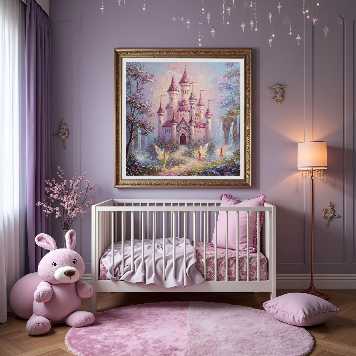 Fairy Castle Art Print: Whimsical Pink Castle, Fairies, Waterfalls (Digital Download)