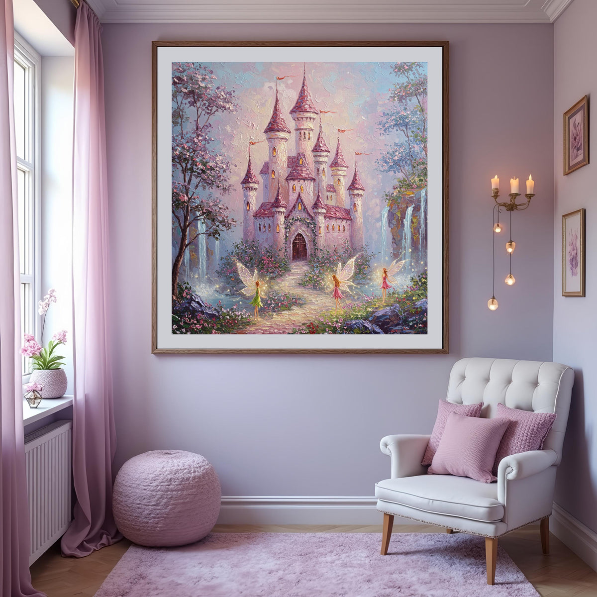 Fairy Castle Art Print: Whimsical Pink Castle, Fairies, Waterfalls (Digital Download)