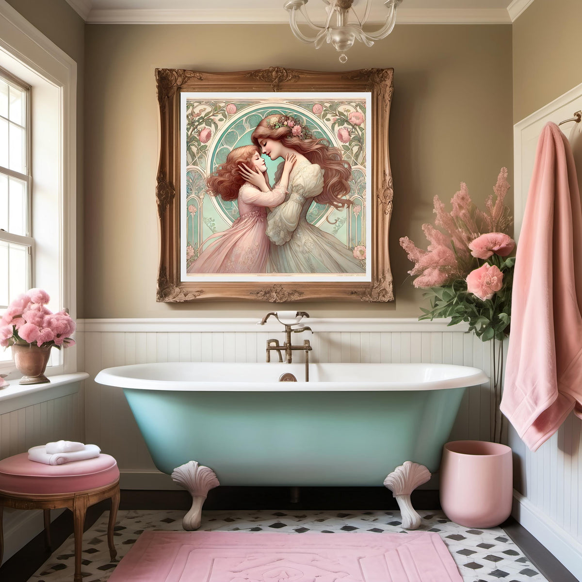 Art Nouveau Mother Daughter Print: Pastel Embrace, Vintage Style (Digital Download)