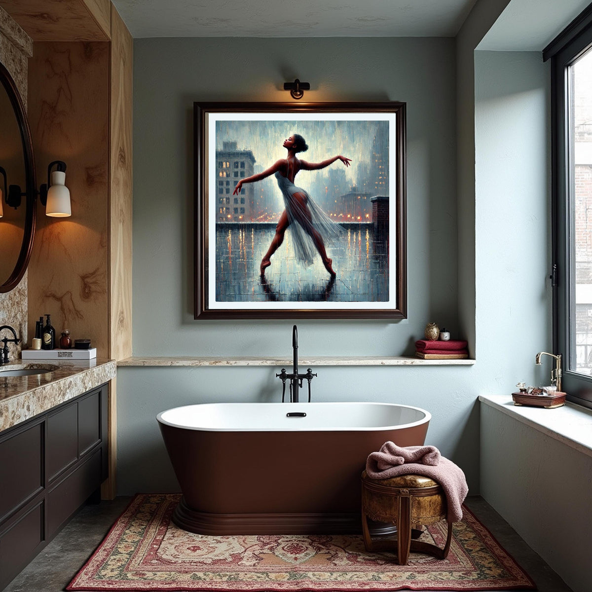 Ballerina in Rain Art Print: Impressionist City Rooftop Dance (Digital Download)