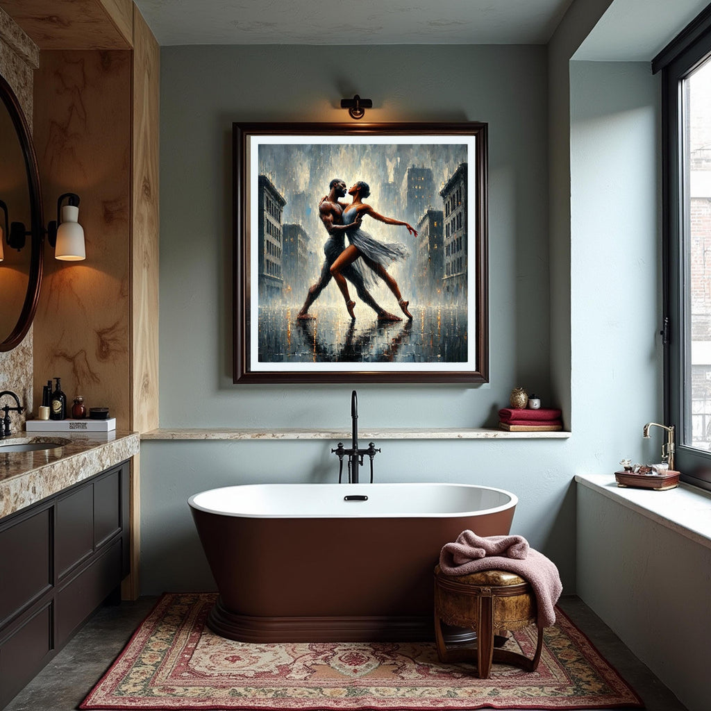 Dancing Couple in Rain Art Print: Rooftop Ballet, Impressionist Style (Digital Download)