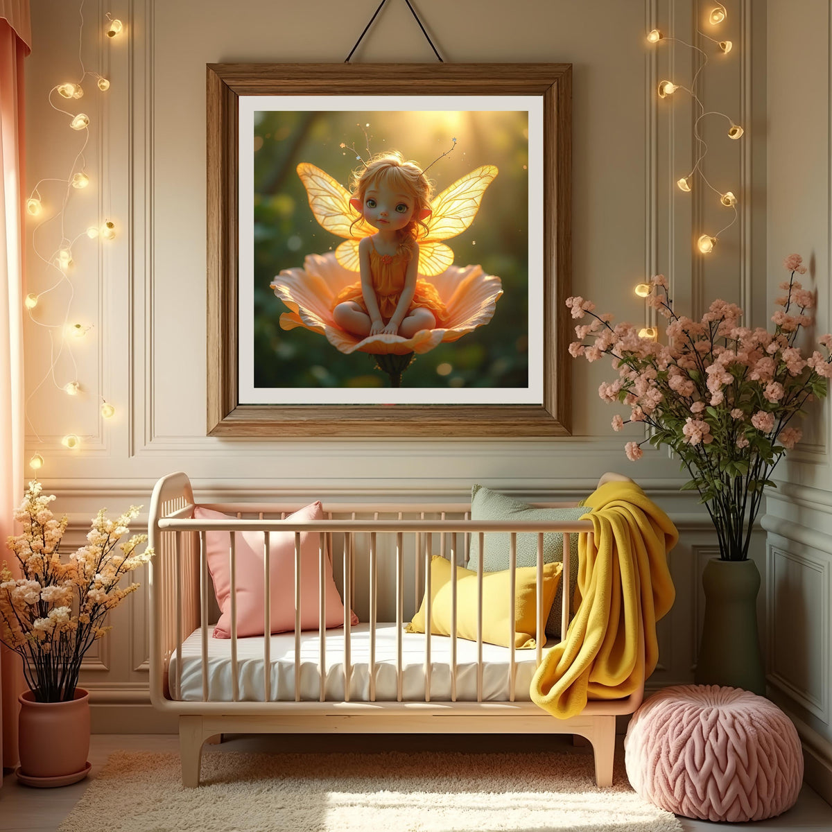 Sunshine Garden Fairy Art Print: Whimsical Girl with Golden Wings (Digital Download)