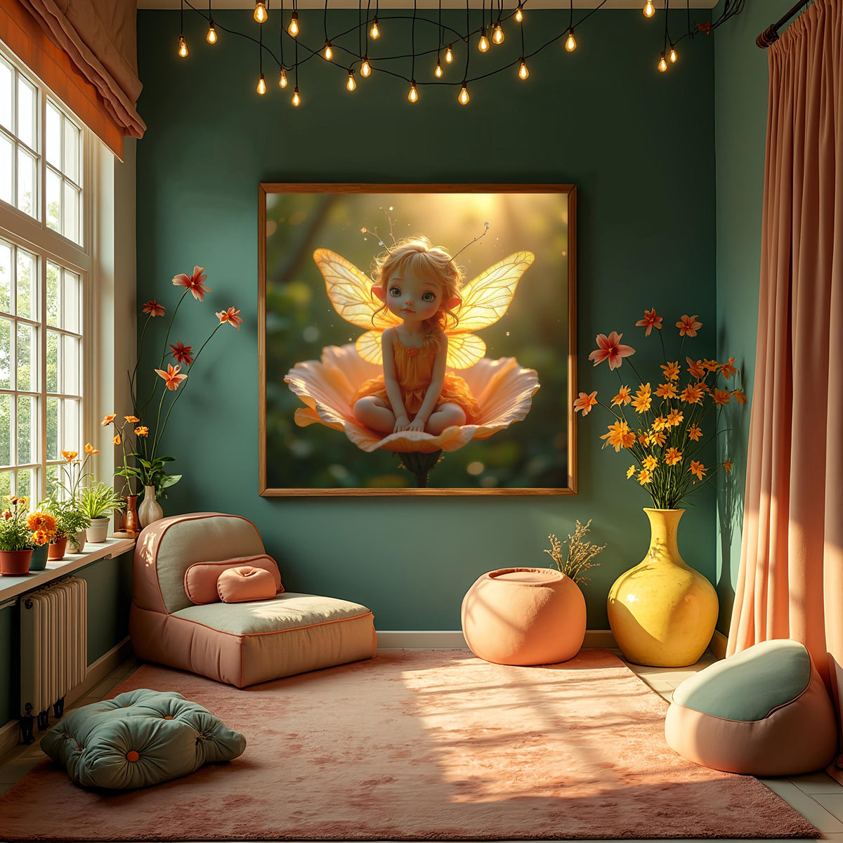Sunshine Garden Fairy Art Print: Whimsical Girl with Golden Wings (Digital Download)
