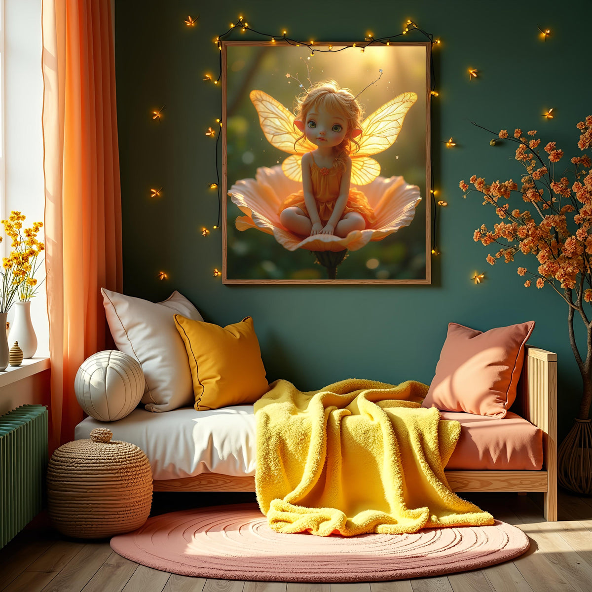 Sunshine Garden Fairy Art Print: Whimsical Girl with Golden Wings (Digital Download)
