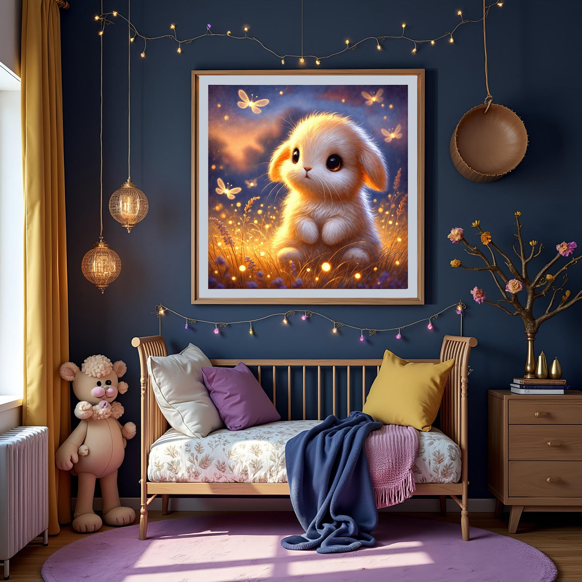 Baby Bunny Art Print: Glowing Fireflies, Whimsical Nursery Decor (Digital Download)