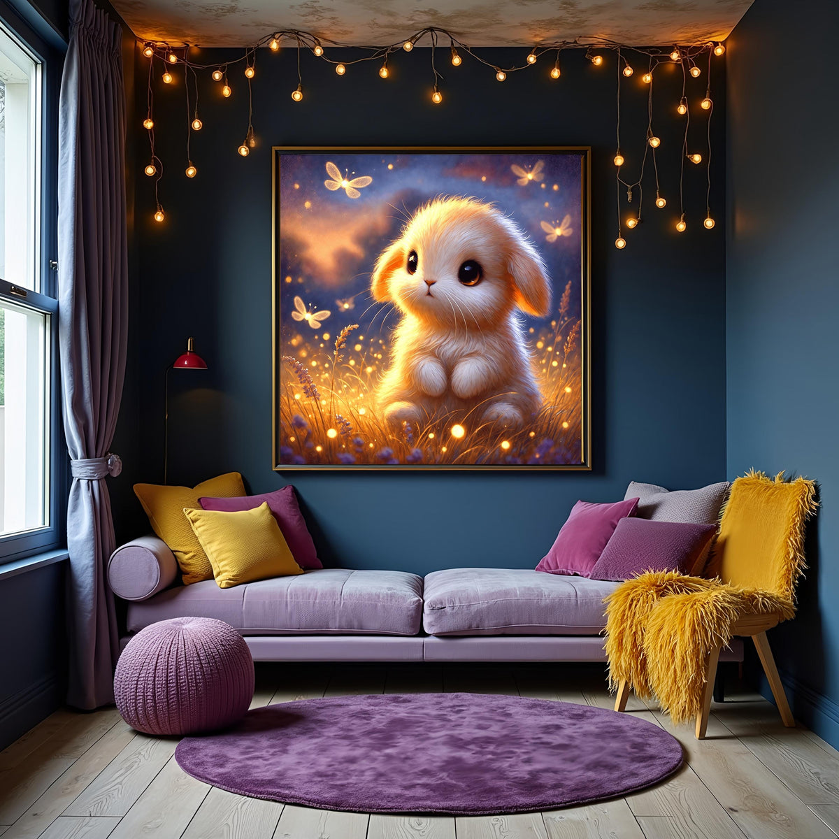 Baby Bunny Art Print: Glowing Fireflies, Whimsical Nursery Decor (Digital Download)