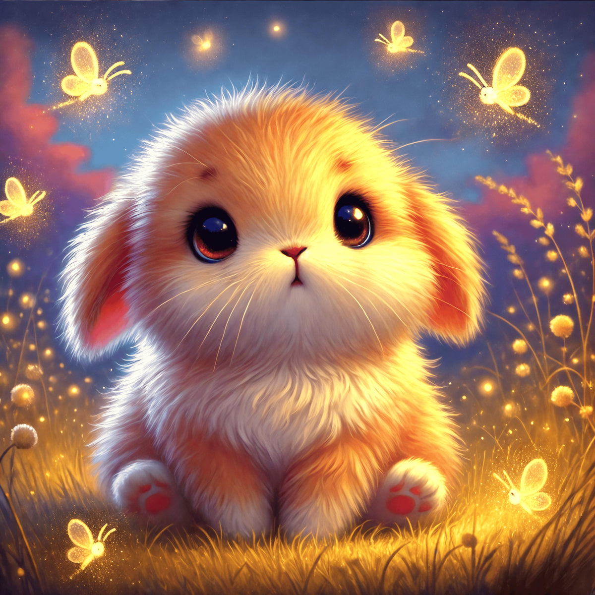 Baby Bunny Art Print: Glowing Fireflies, Whimsical Nursery Art Decor (Digital Download)