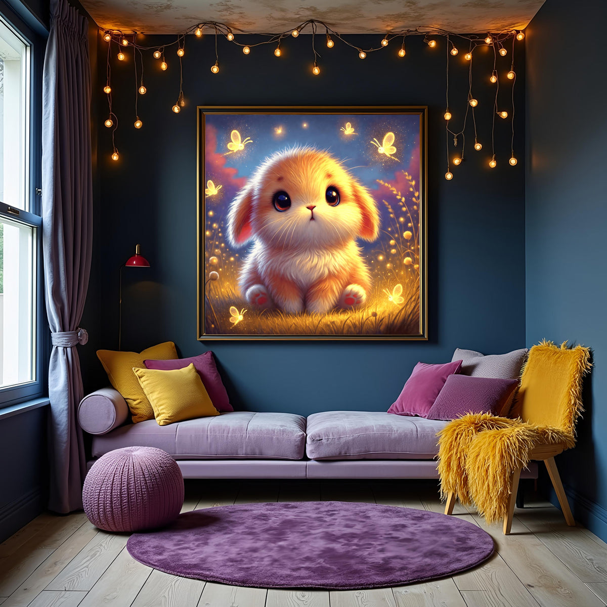 Baby Bunny Art Print: Glowing Fireflies, Whimsical Nursery Art Decor (Digital Download)