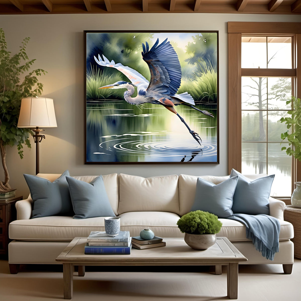 Blue Heron in Flight Art Print: Serene Lake Scene (Digital Download) 2