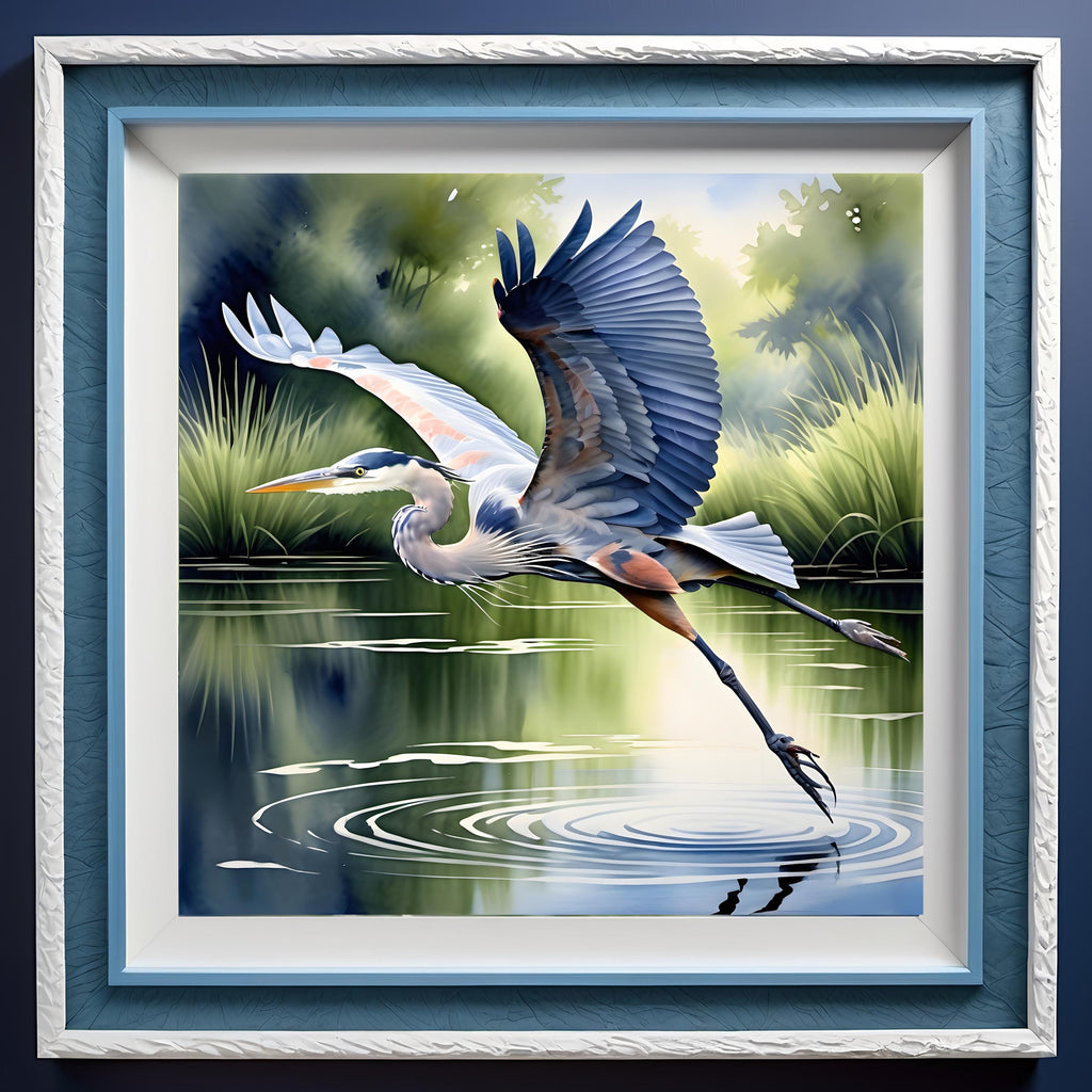 Blue Heron in Flight Art Print: Serene Lake Scene (Digital Download) 2