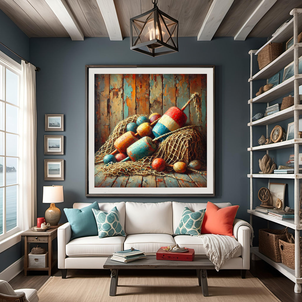 Coastal Buoys Still Life Art Print: Nautical Fishing Net (Digital Download)