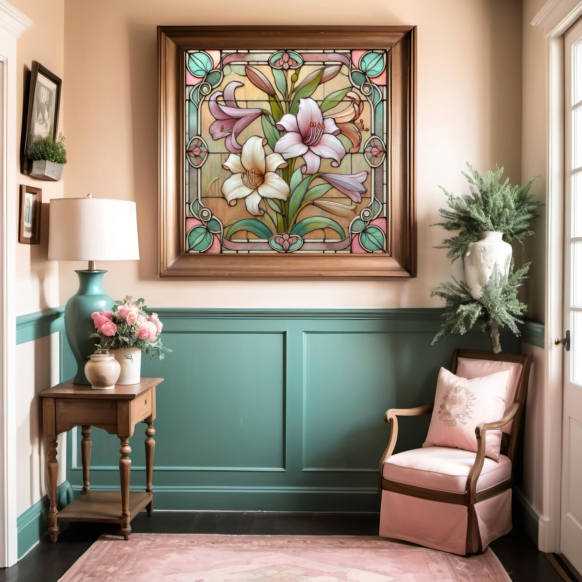 Art Nouveau Easter Lilies Stained Glass Print: Vintage Floral Home Decor (Digital Download)