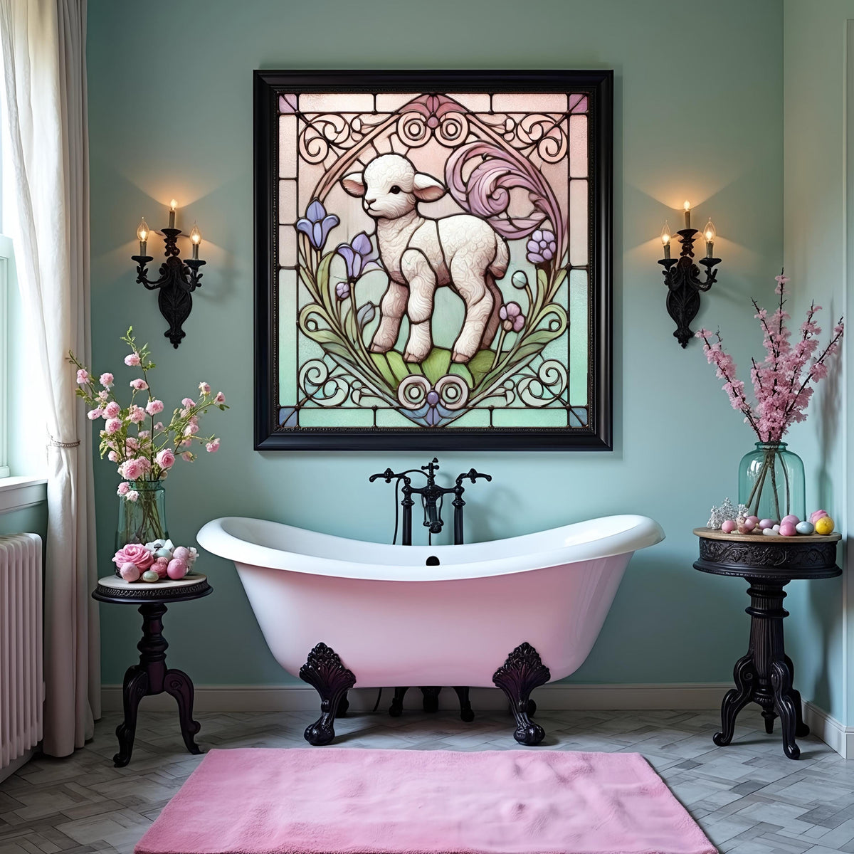 Art Nouveau Lamb Stained Glass Print: Vintage Easter Decor (Digital Download)