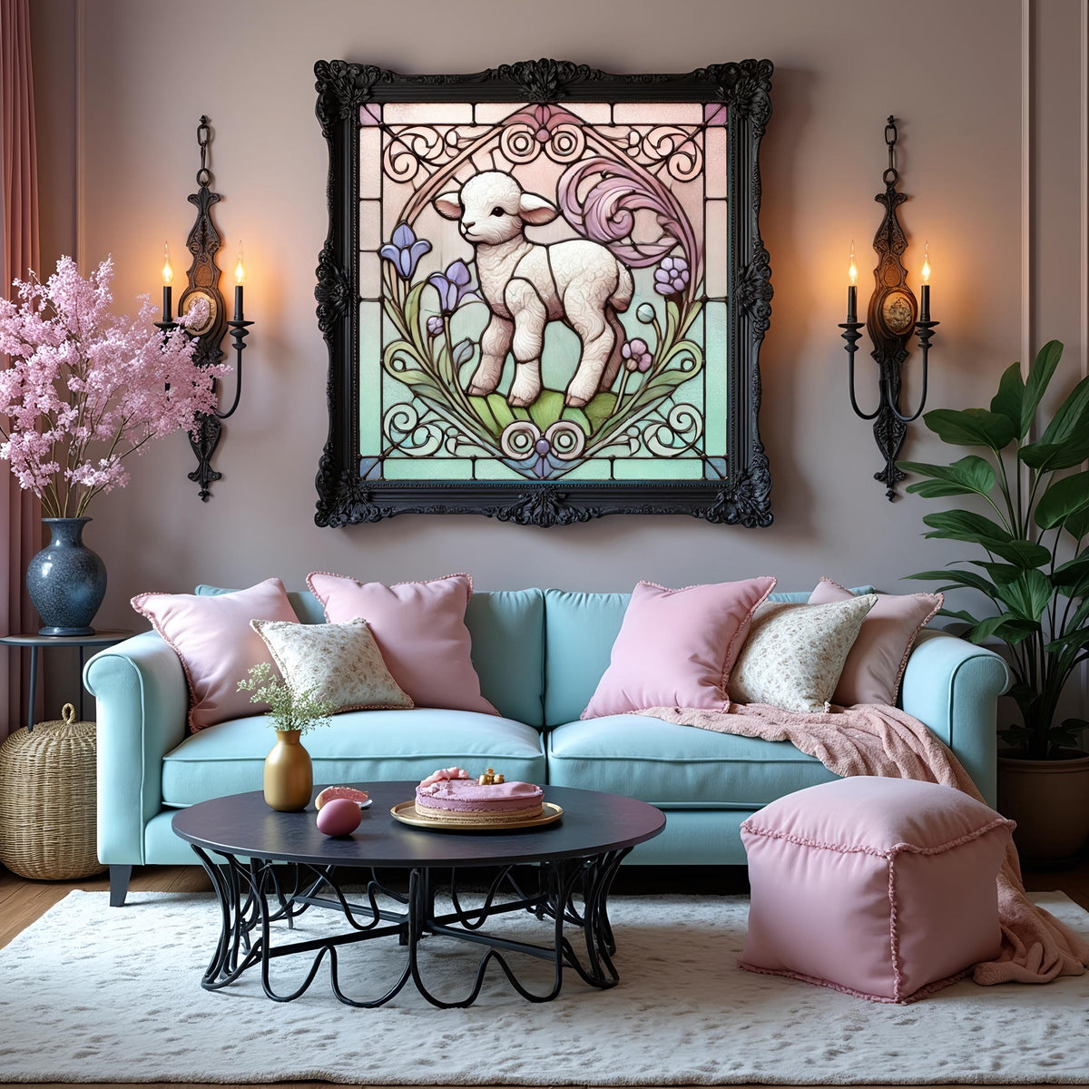 Art Nouveau Lamb Stained Glass Print: Vintage Easter Decor (Digital Download)