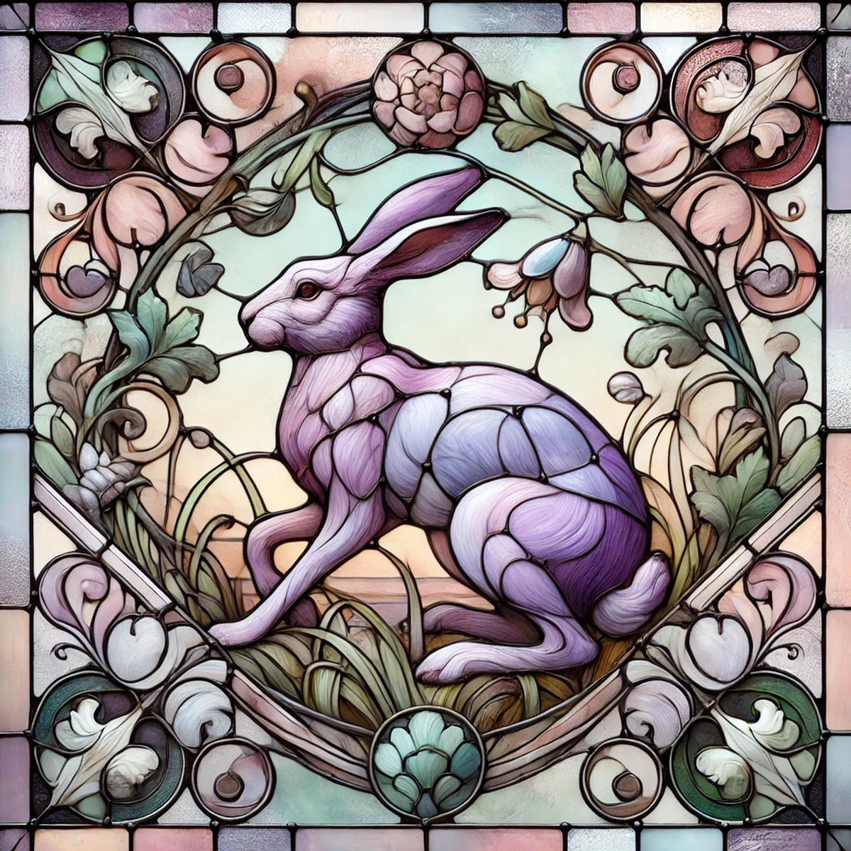 Art Nouveau Easter Rabbit Stained Glass Print: Vintage Pastel Decor (Digital Download)