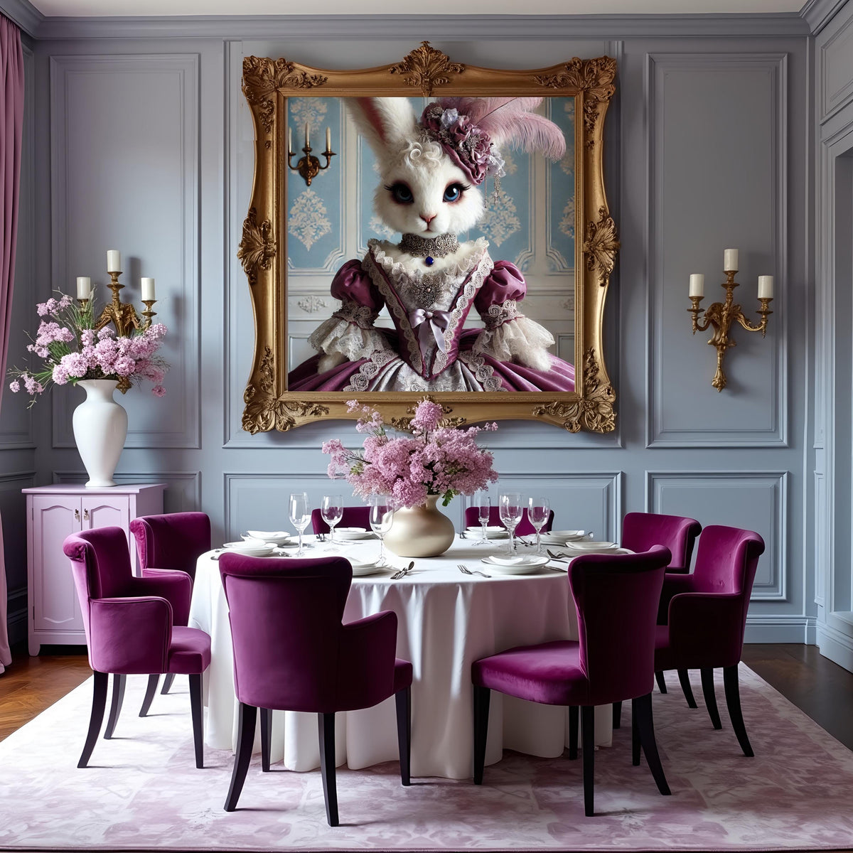 Victorian Bunny Portrait: Whimsical Rabbit in Purple Dress (Digital Download)
