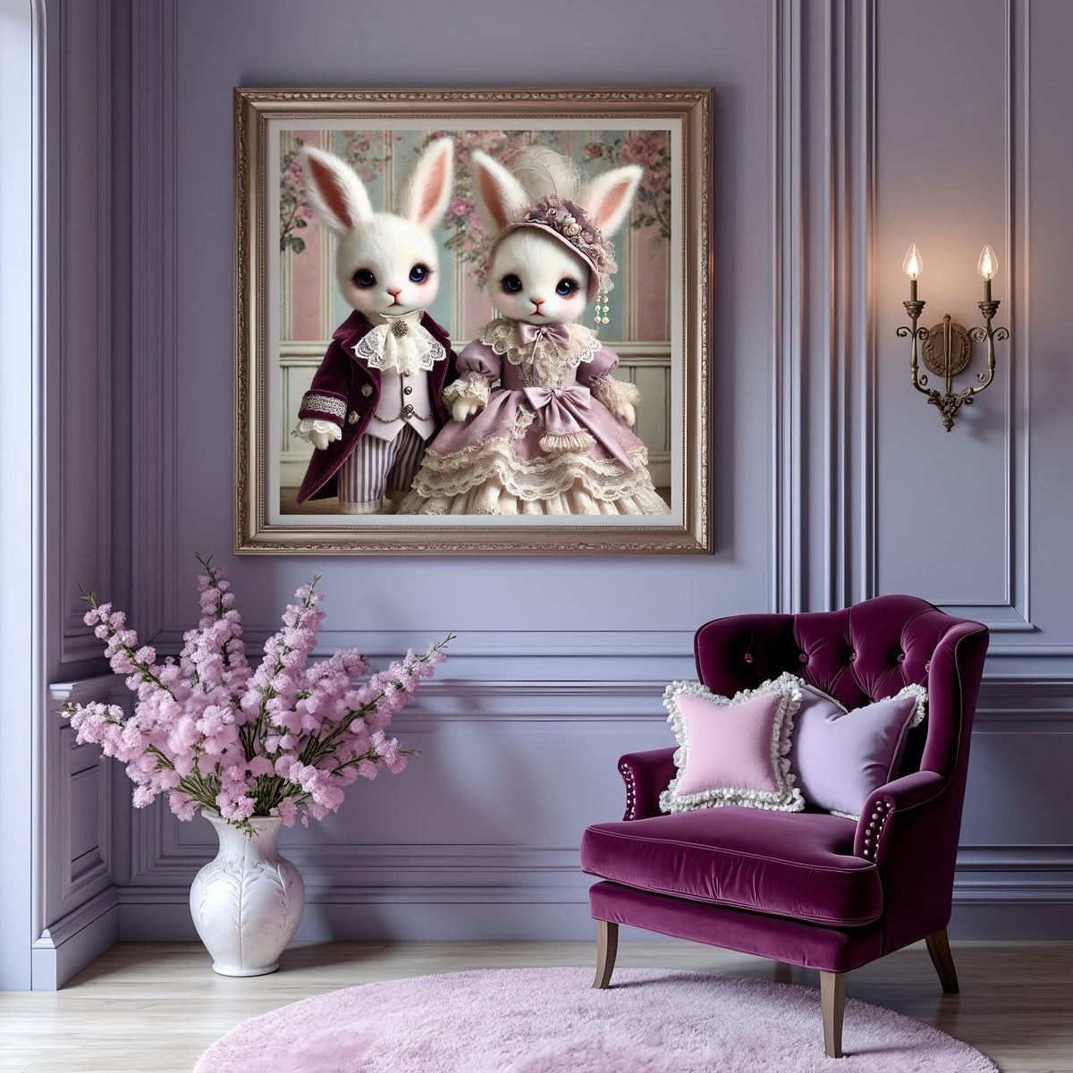 Victorian Rabbit Couple Art Print: Whimsical Nursery Decor (Digital Download)