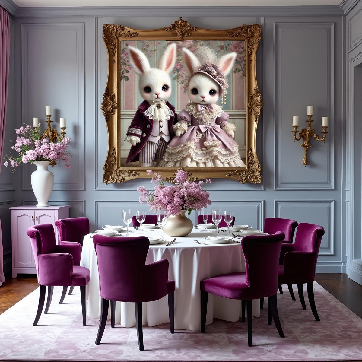 Victorian Rabbit Couple Art Print: Whimsical Nursery Decor (Digital Download)