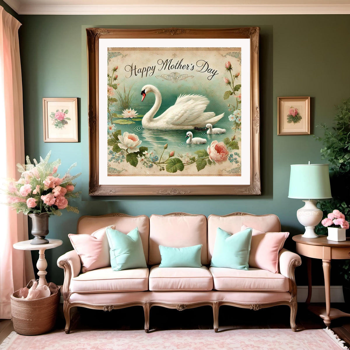 Vintage Swan Family Print, Floral Lake Scene, Mothers Day Gift (Digital Download)