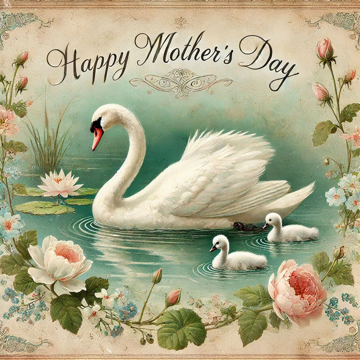 Vintage Swan Family Print, Floral Lake Scene, Mothers Day Gift (Digital Download)
