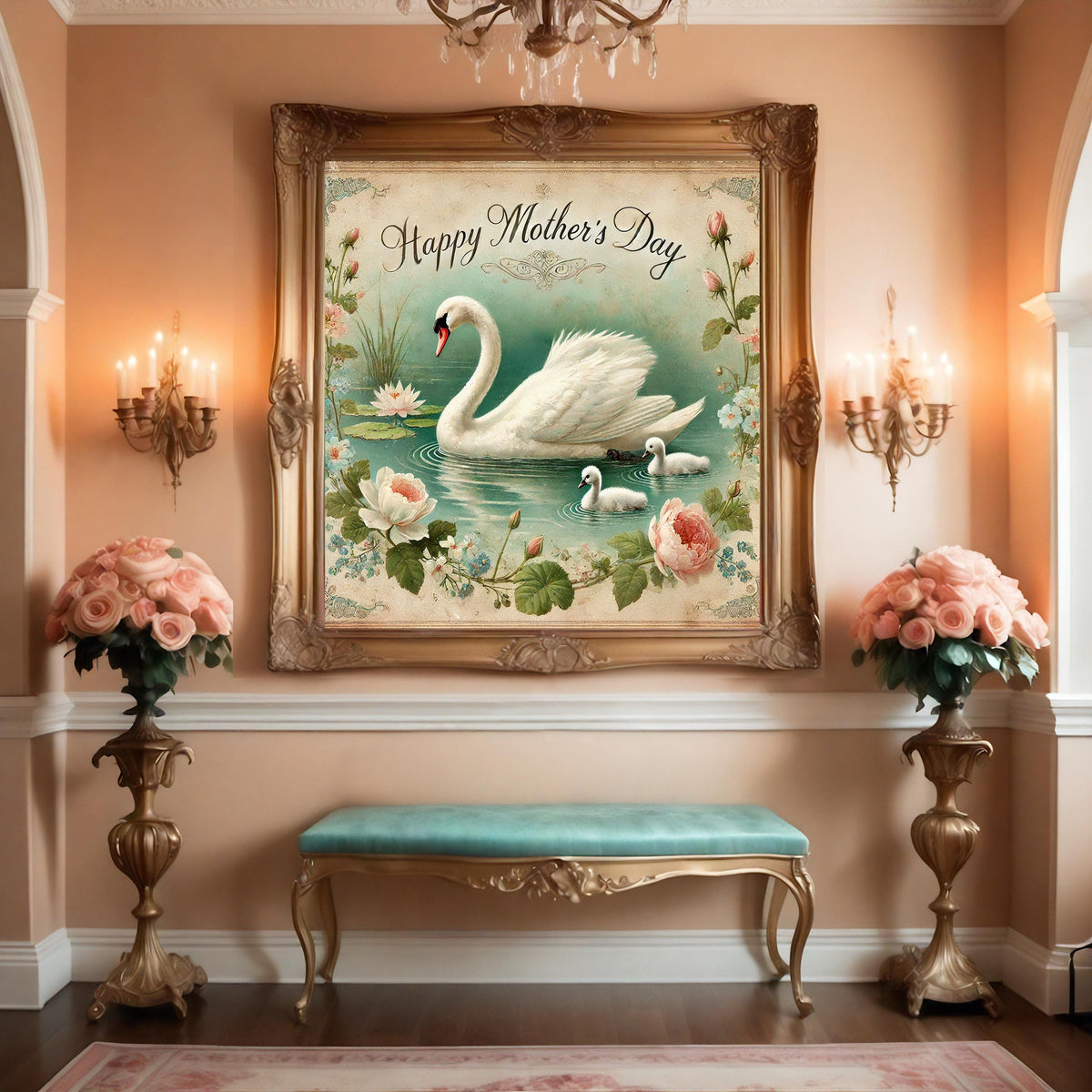 Vintage Swan Family Print, Floral Lake Scene, Mothers Day Gift (Digital Download)