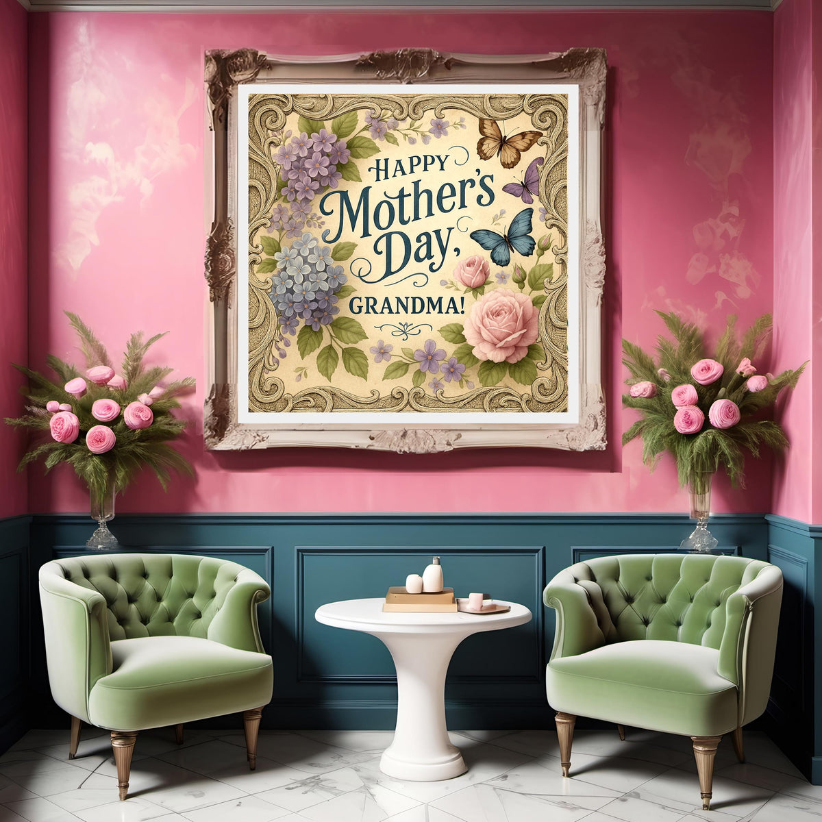 Vintage Mother's Day Card for Grandma: Roses & Butterflies (Digital Download)