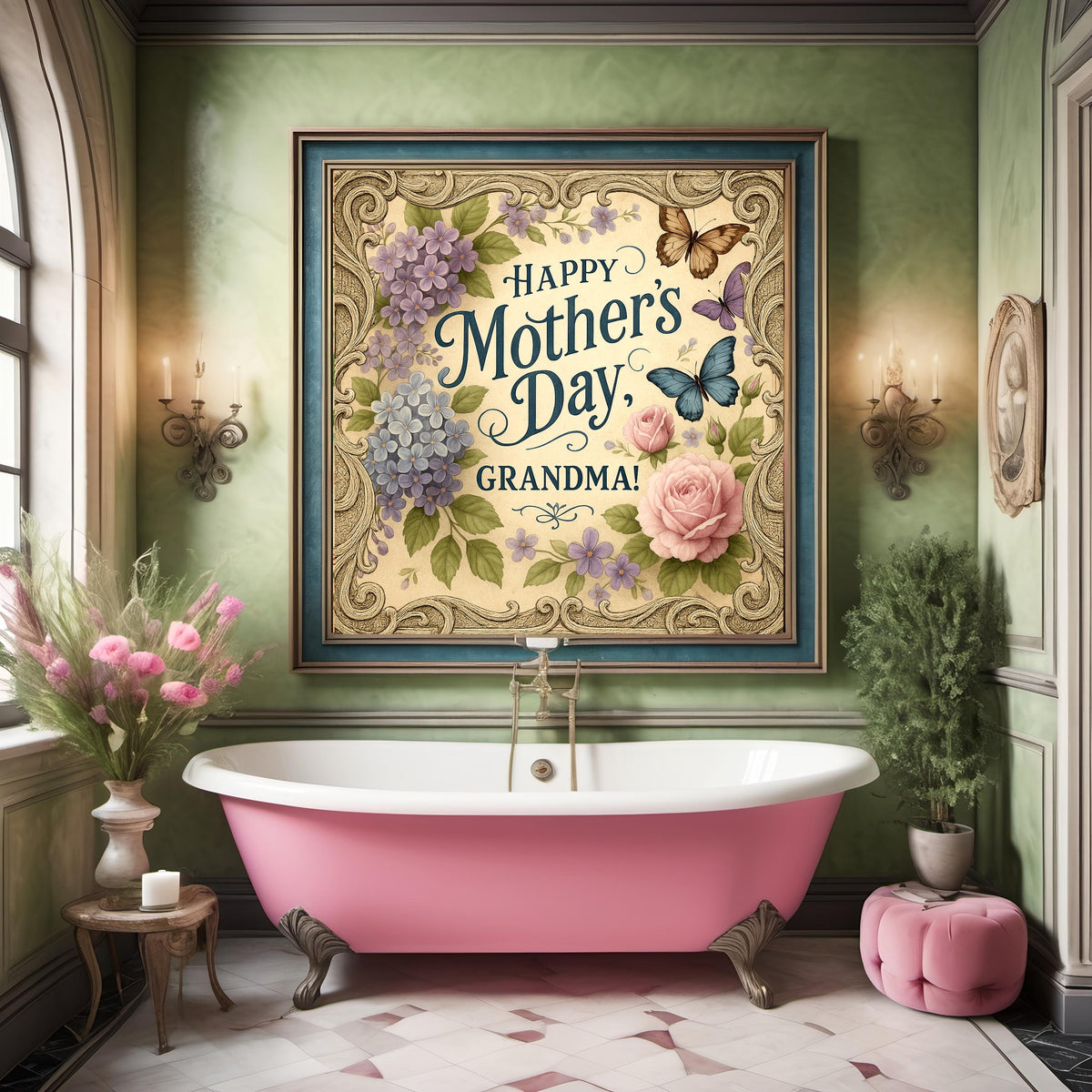 Vintage Mother's Day Card for Grandma: Roses & Butterflies (Digital Download)