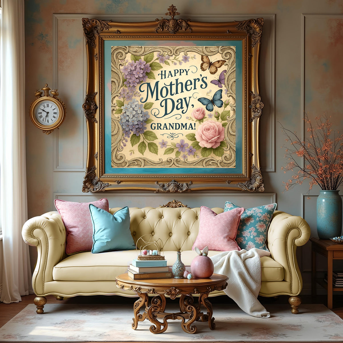 Vintage Mother's Day Card for Grandma: Roses & Butterflies (Digital Download)