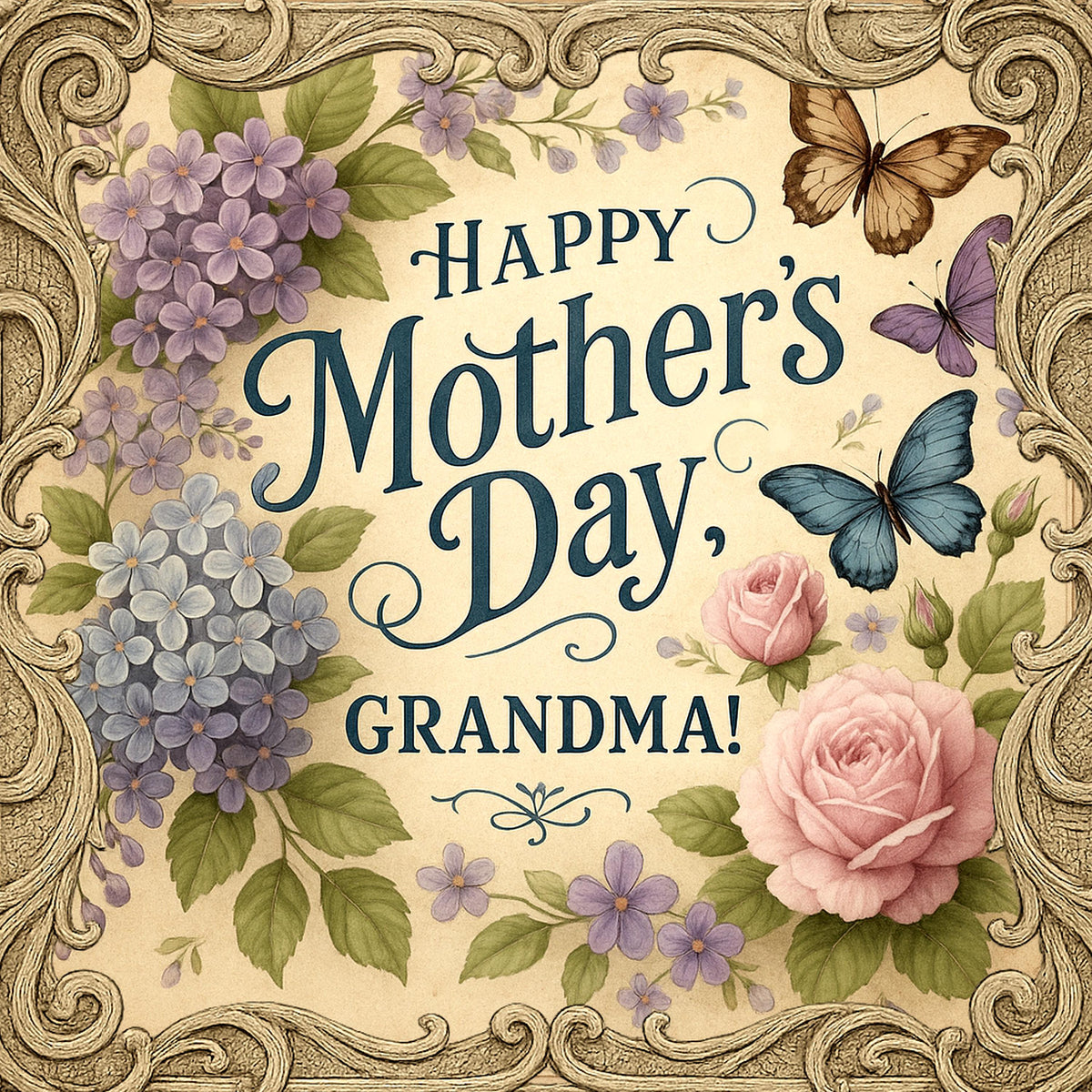 Vintage Mother's Day Card for Grandma: Roses & Butterflies (Digital Download)