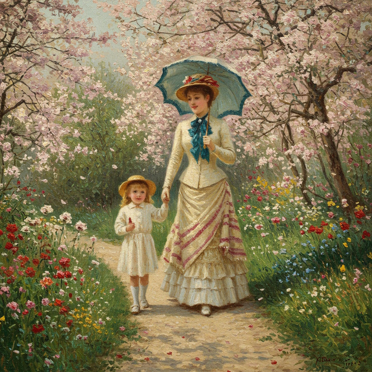 Victorian Mother and Child Spring Garden Art (Digital Download)