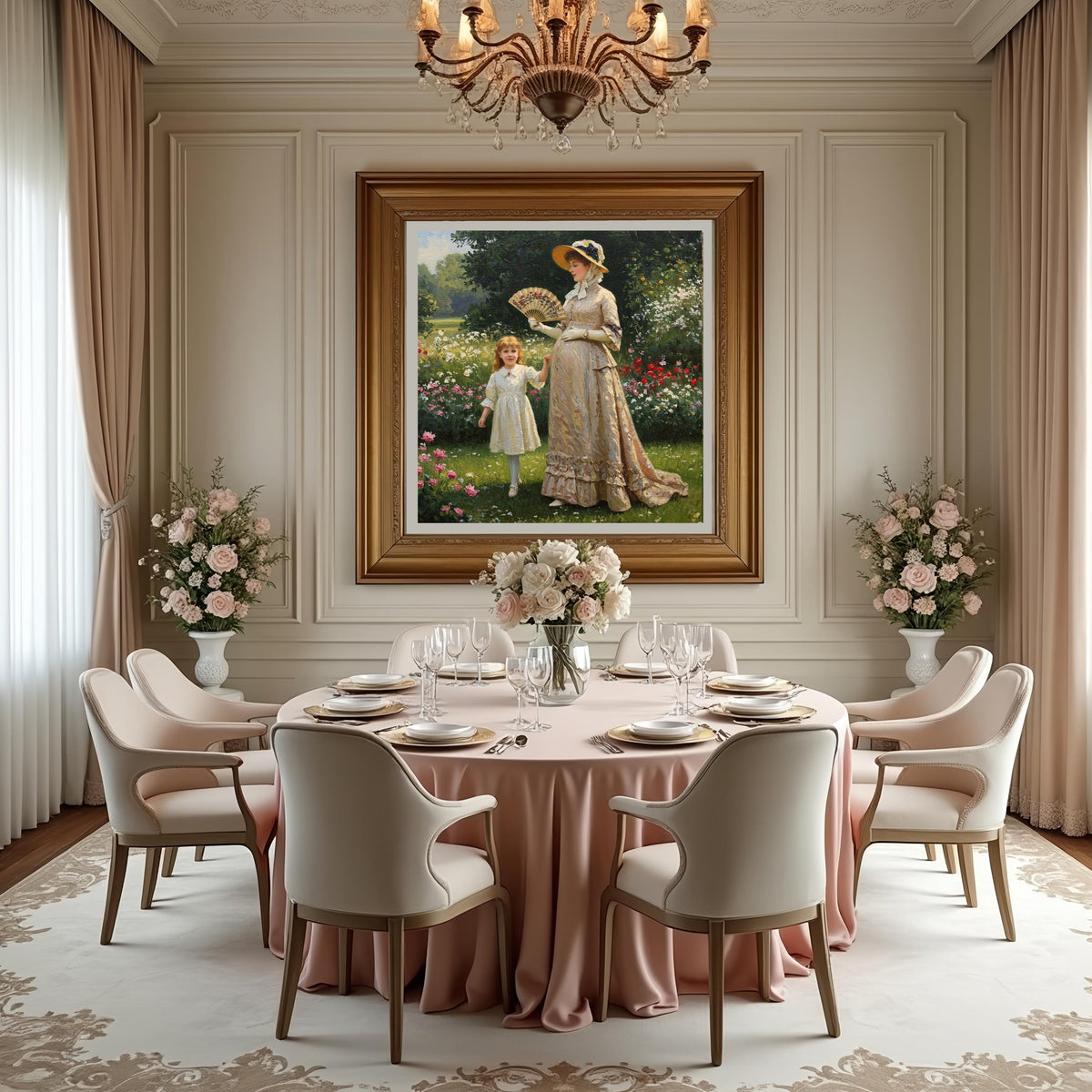 Victorian Mother & Daughter Garden Art: Vintage Floral Painting (Digital Download)