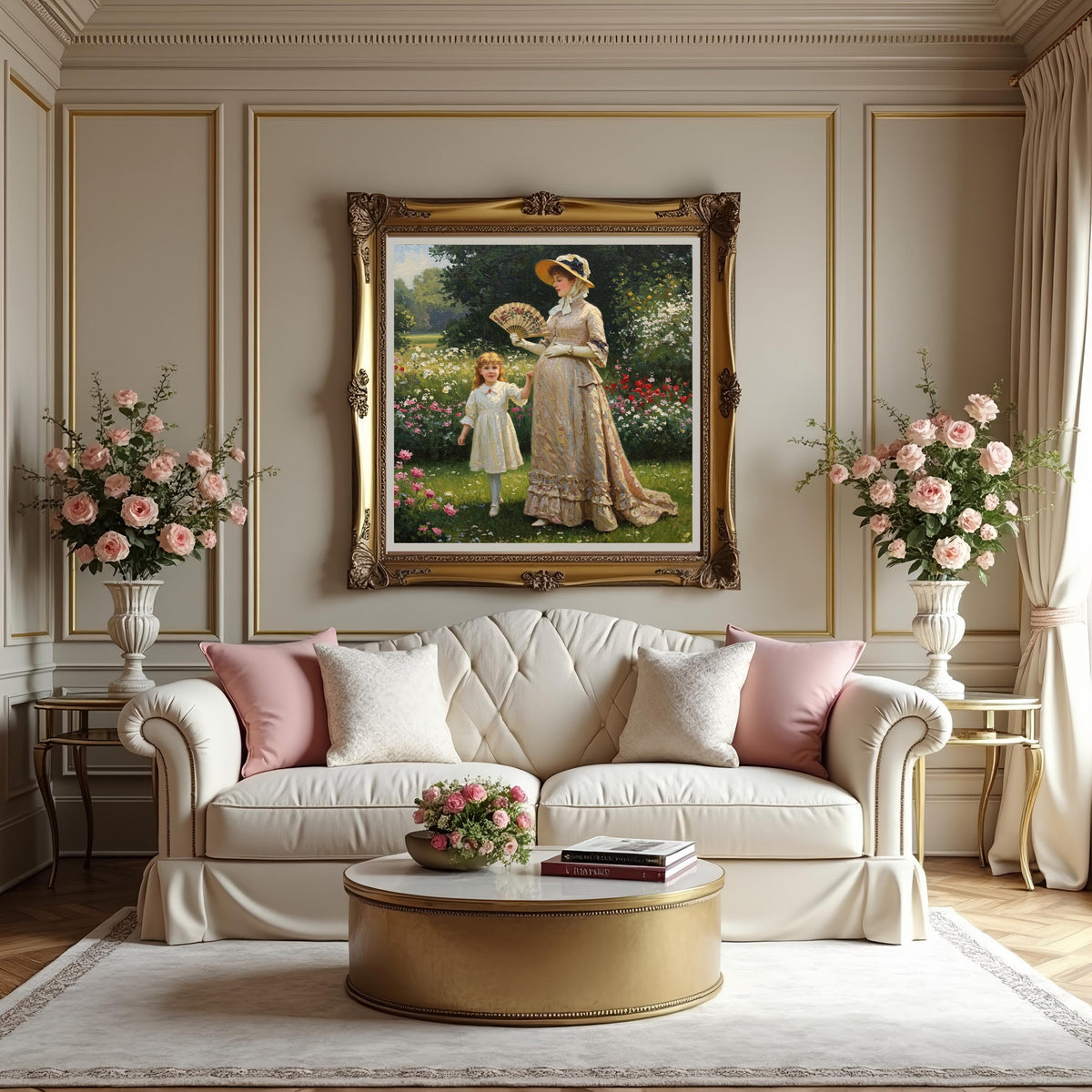 Victorian Mother & Daughter Garden Art: Vintage Floral Painting (Digital Download)