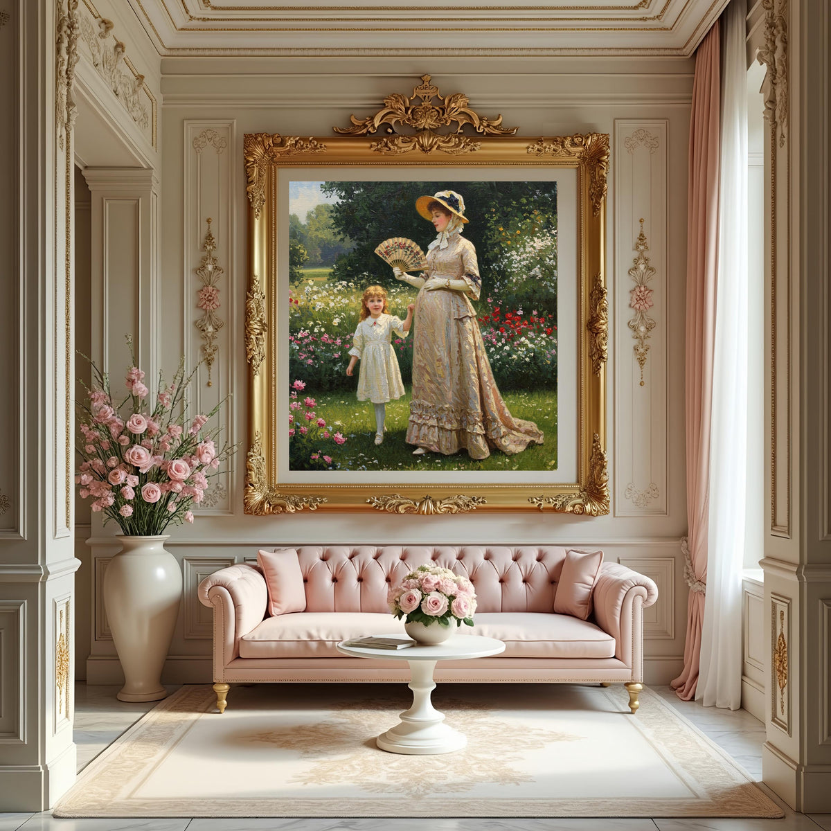 Victorian Mother & Daughter Garden Art: Vintage Floral Painting (Digital Download)