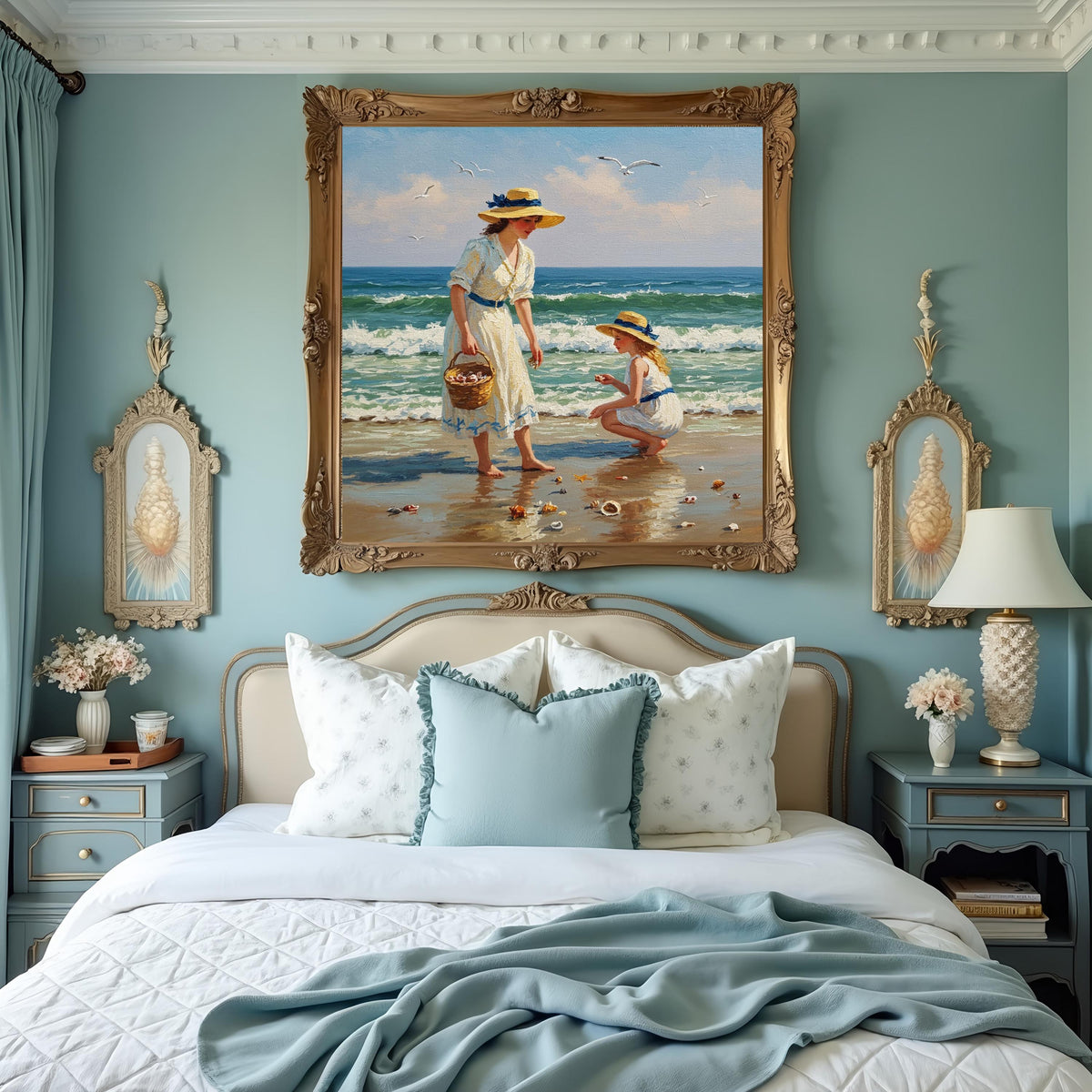 Mother and Daughter Beach Shells: Vintage Seaside Art (Digital Download)