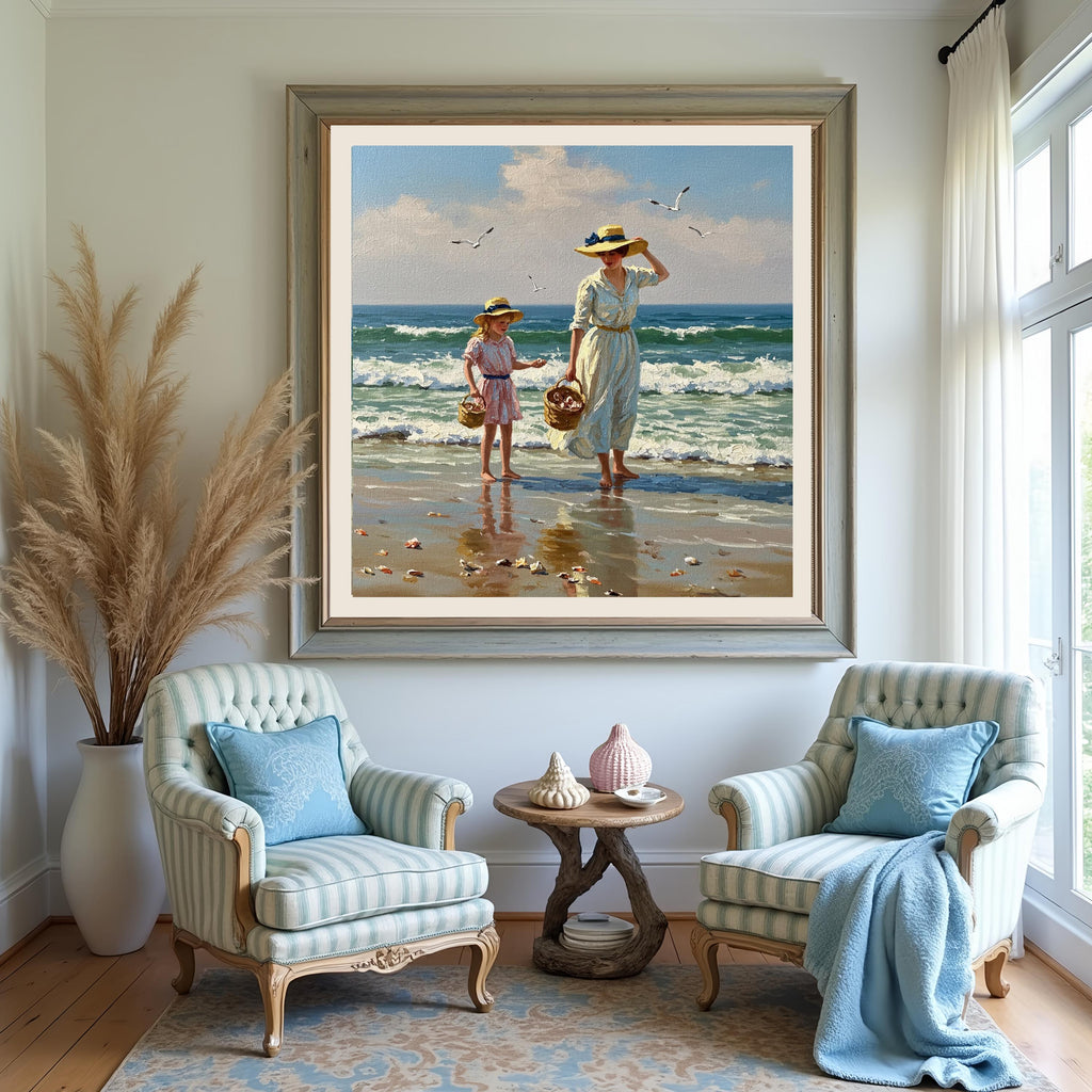 Vintage Mother Daughter Beach Print: Victorian Seaside Scene (Digital Download)