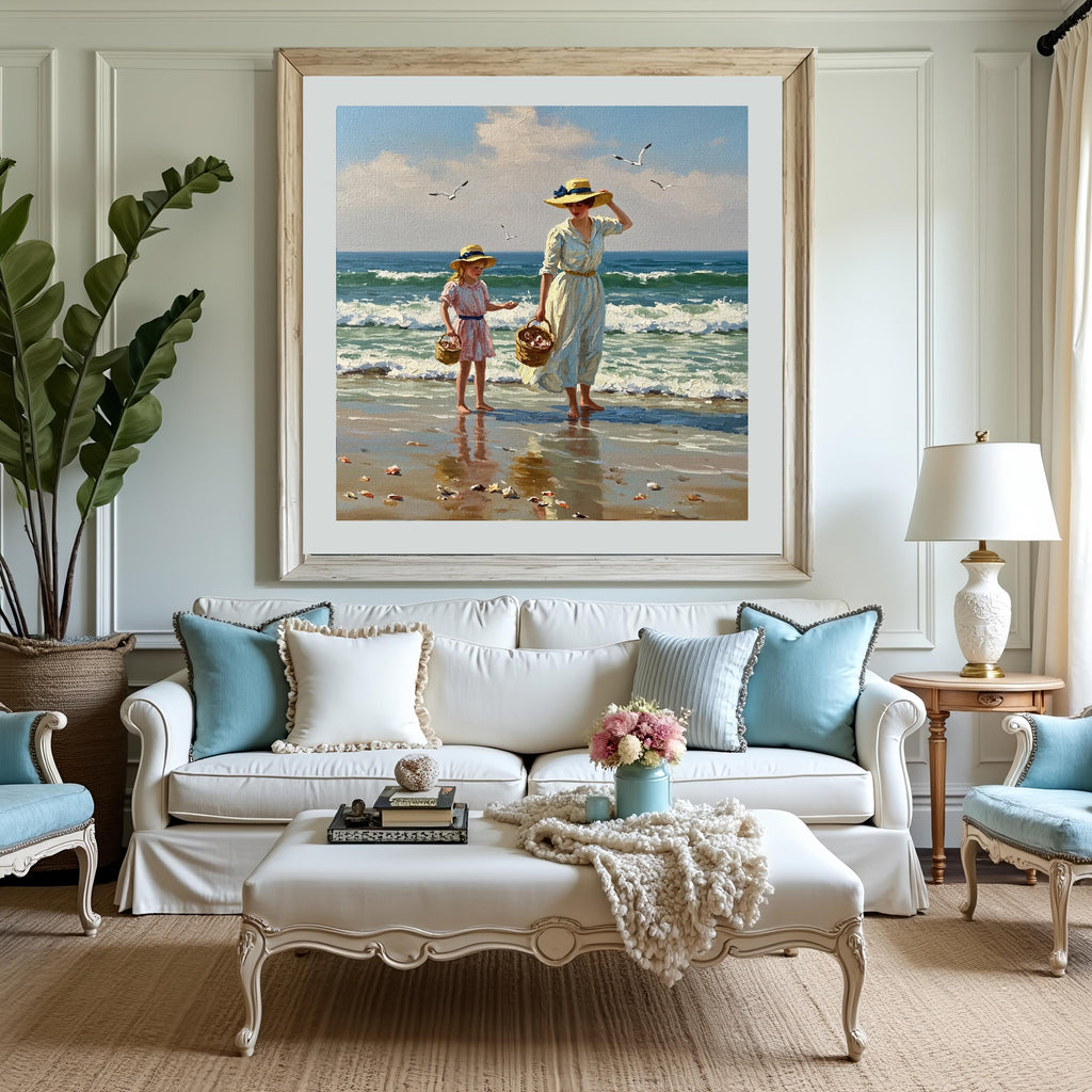 Vintage Mother Daughter Beach Print: Victorian Seaside Scene (Digital Download)