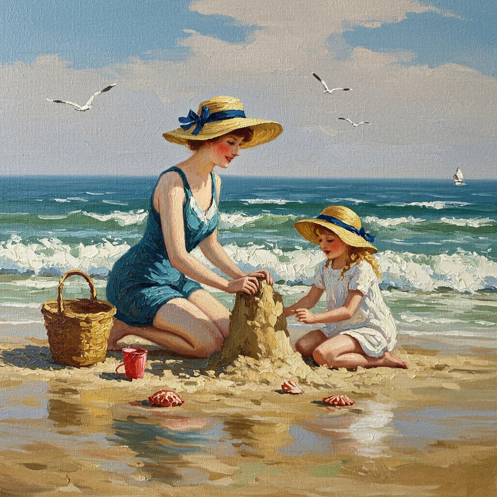 Vintage Beach Painting: Mother and Daughter Sandcastle Art (Digital Print)