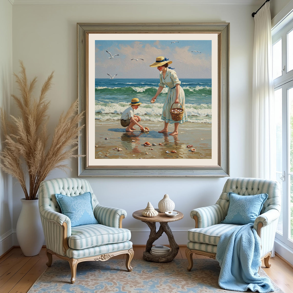 Vintage Mother and Son Seaside Art: Victorian Beach Scene (Digital Download)