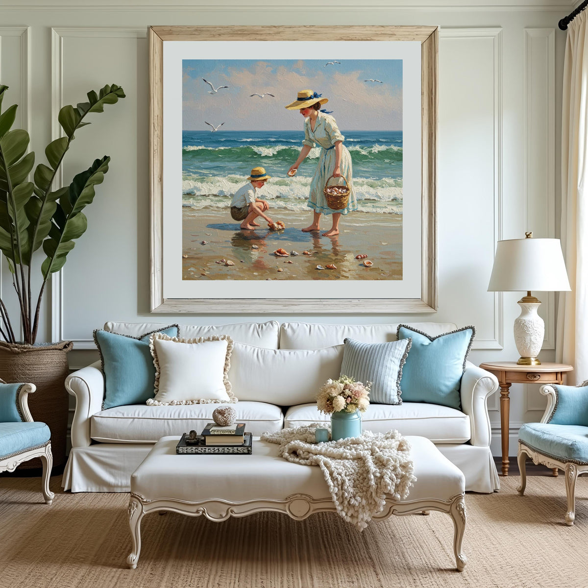 Vintage Mother and Son Seaside Art: Victorian Beach Scene (Digital Download)